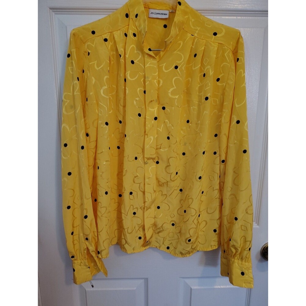 Vintage JH Collectibles Women’s Yellow Black Polka Dot Collared Long Blouse